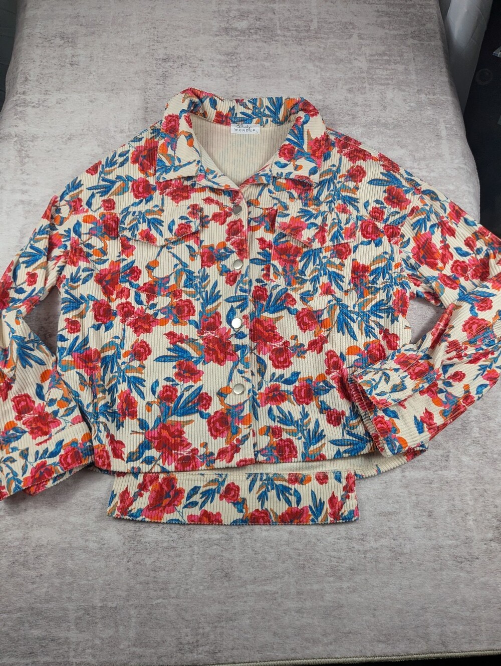 Emily Wonder Floral Ribbed Jacket - Cream with Blue & Pink Floral